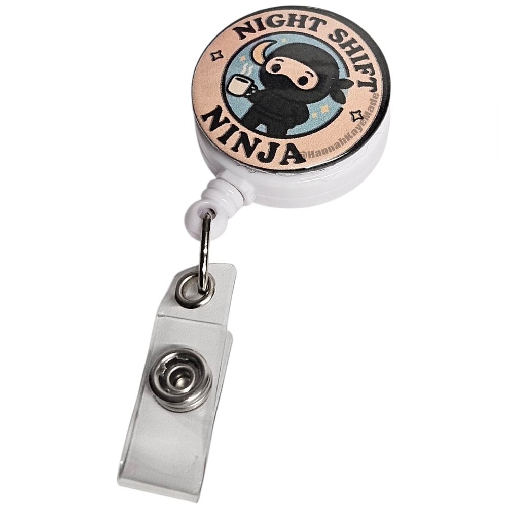 Handmade Badge Reel – “Night Shift Ninja” Coffee Design